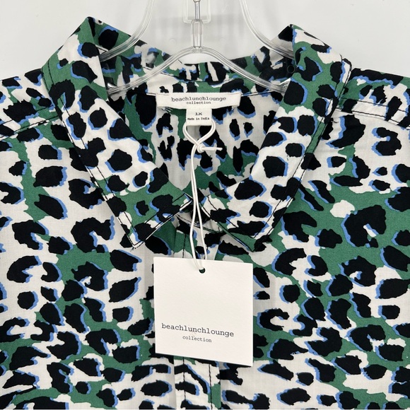 BeachLunchLounge Top Womens Plus Size Green Leopard Print Button Roll Tab Sleeve - Picture 4 of 16